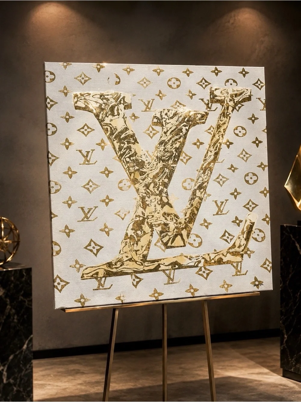 Oliver Gal Gold Glitter LV Monogram Canvas Wall Art 30x30